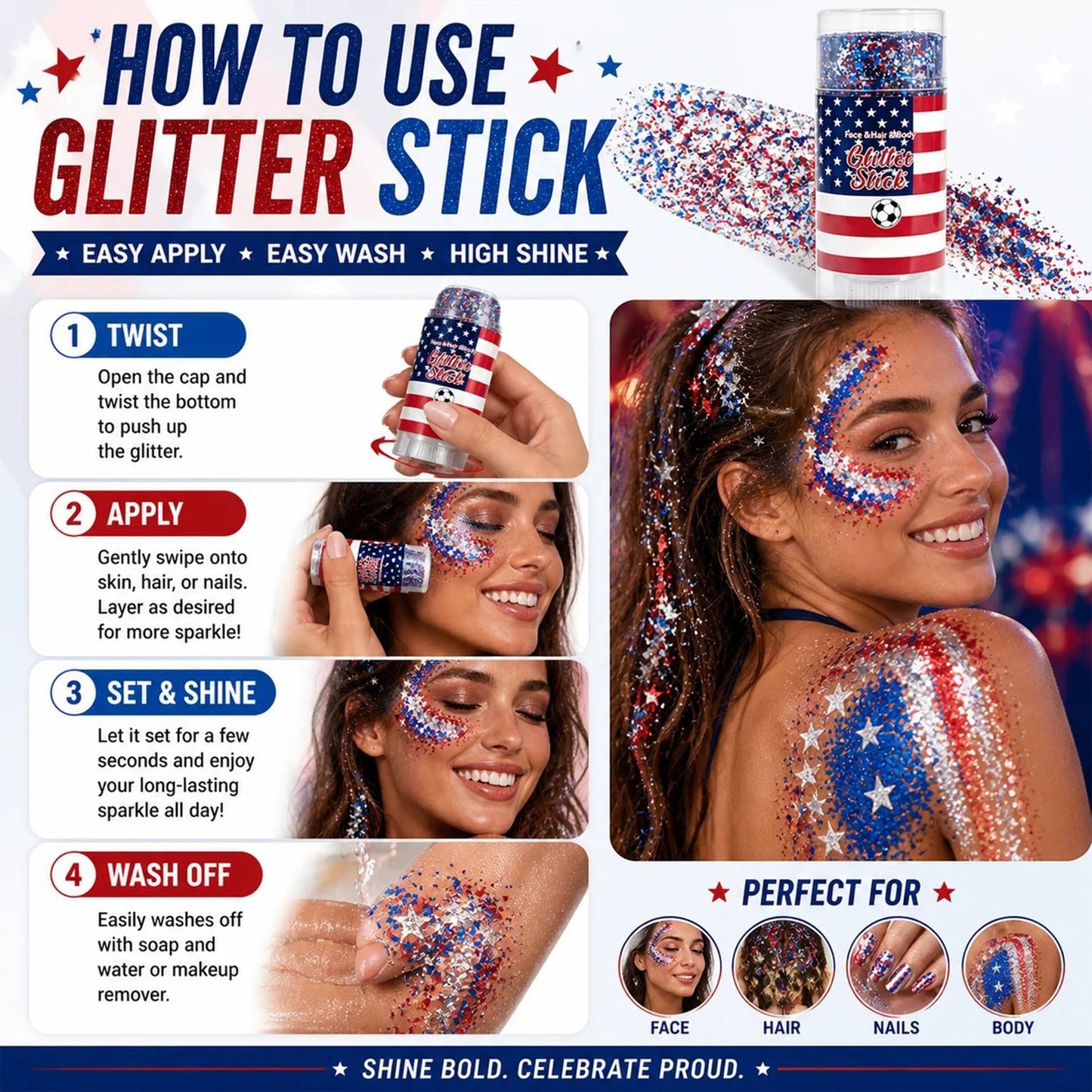 Patriotic Glitter Stick-Red, White & Blue Sparkle For Face, Hair & Body-A