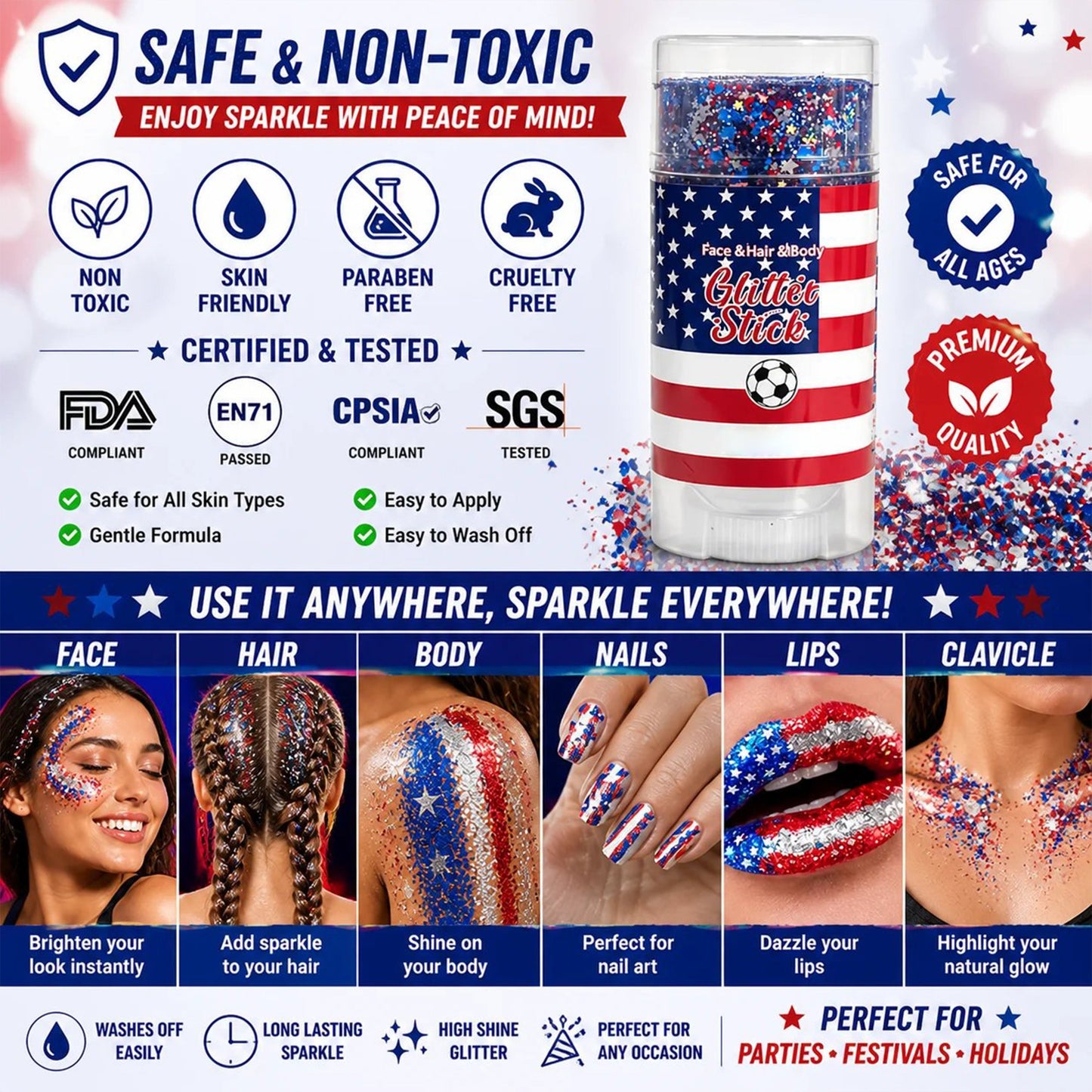 Patriotic Glitter Stick-Red, White & Blue Sparkle For Face, Hair & Body-A