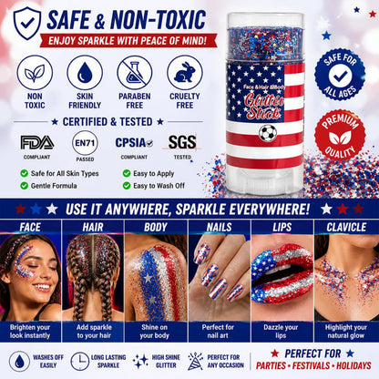 Patriotic Glitter Stick-Red, White & Blue Sparkle For Face, Hair & Body-A