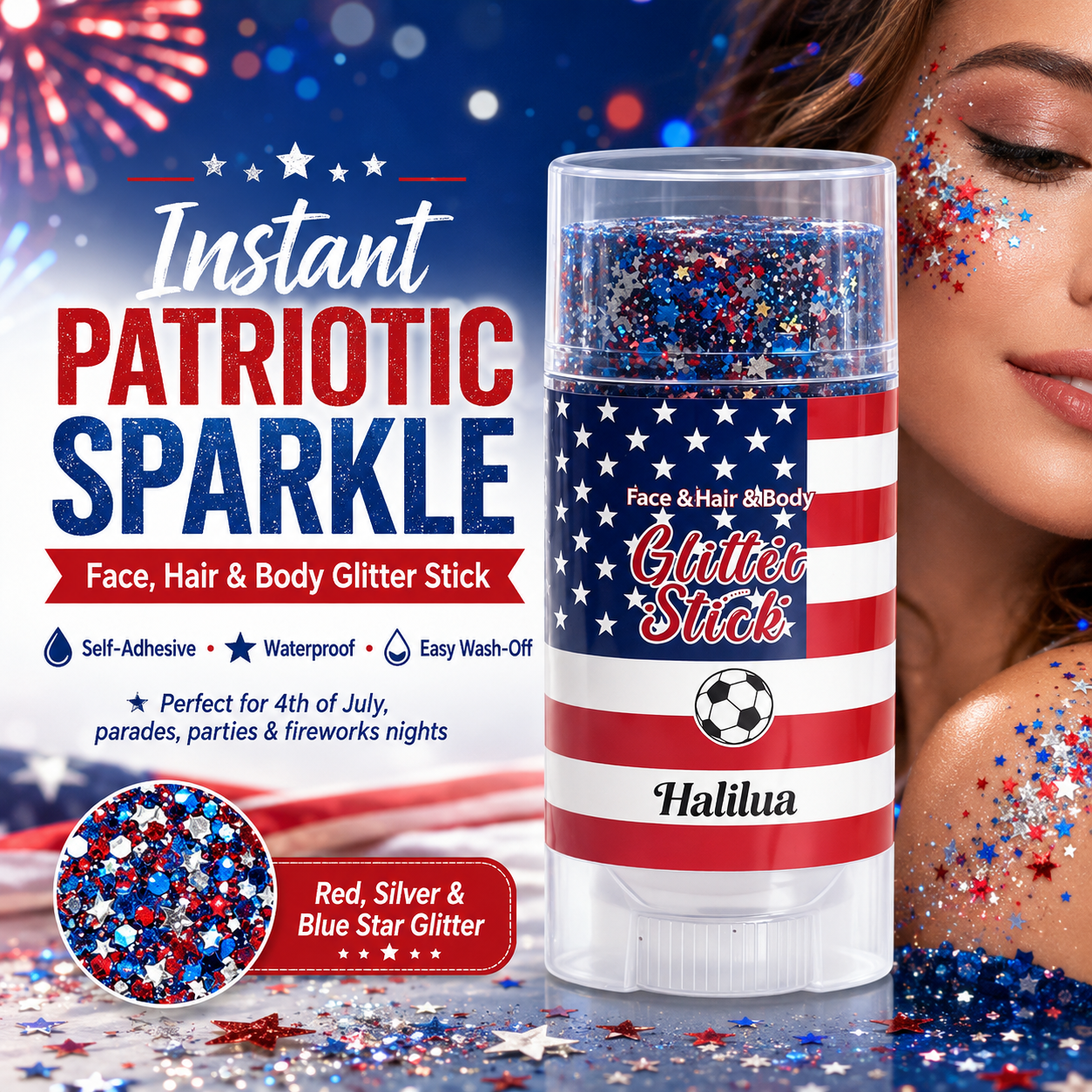 Patriotic Glitter Stick-Red, White & Blue Sparkle For Face, Hair & Body-A