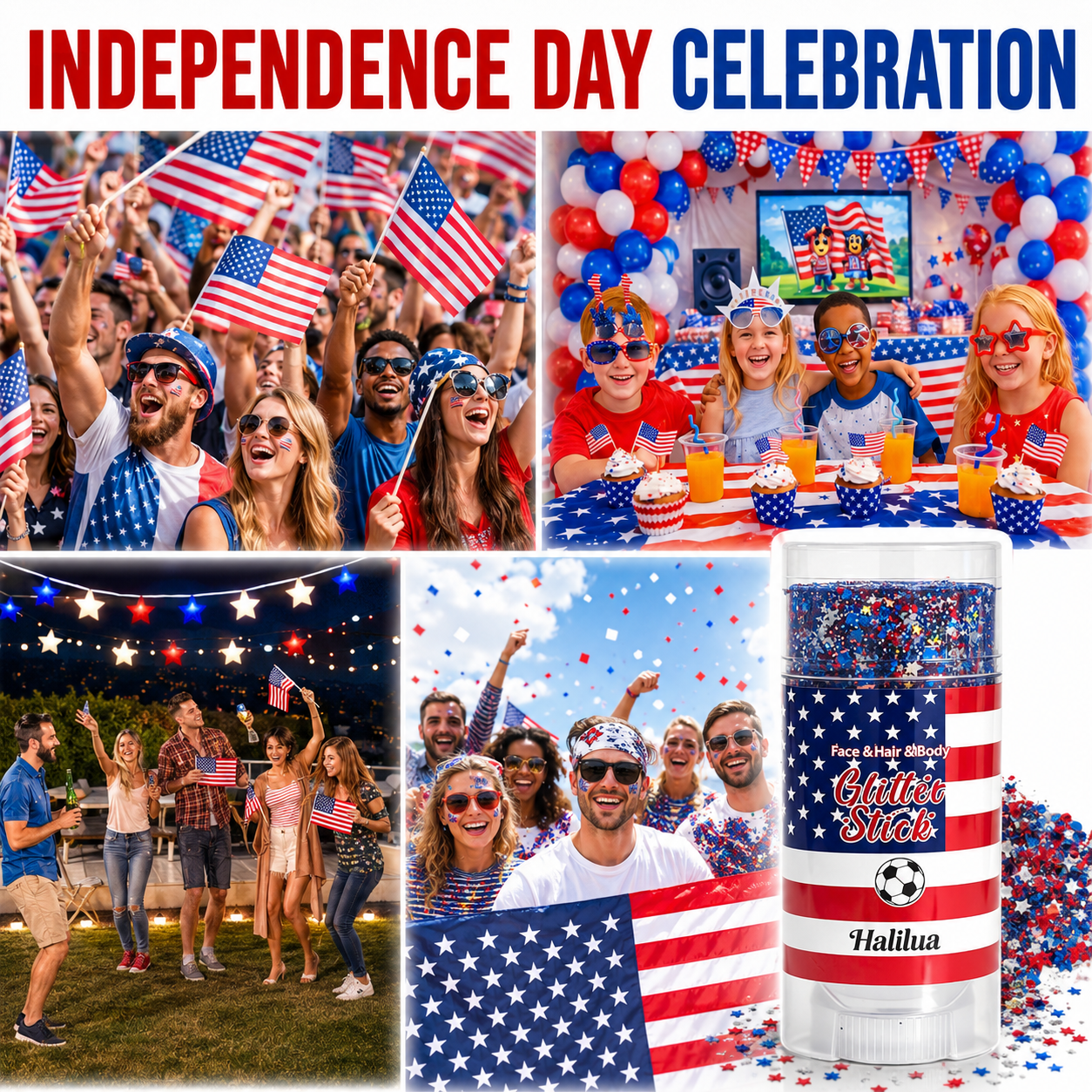 Patriotic Glitter Stick-Red, White & Blue Sparkle For Face, Hair & Body-A